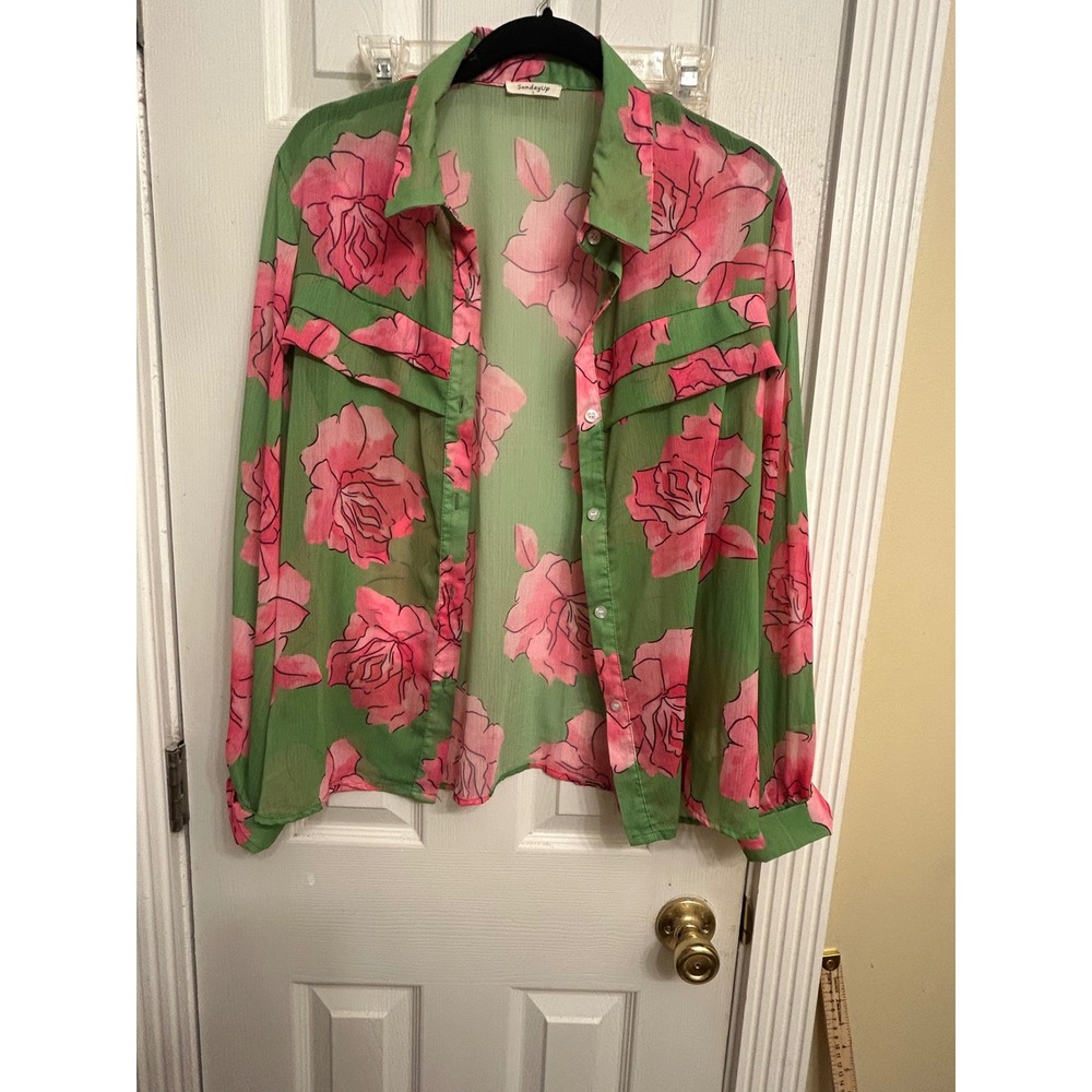SundayUp Green Pink Rose Floral Sheer Chiffon Button Down Blouse Lg Long Sleeve